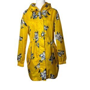 Joules Right As Rain Waterproof Hooded Jacket US 8 Packable Yellow Floral